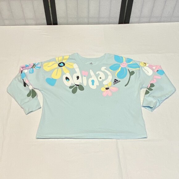 Adidas Girls M Flower Power Blue Long Sleeve Tee Shirt Floral Hearts Graphic Top - Picture 8 of 12